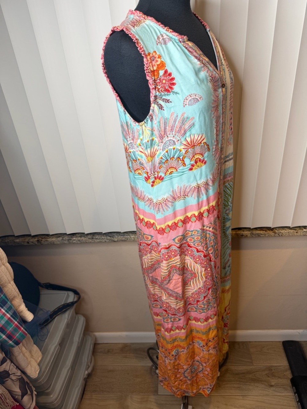 Hale Bob Sleeveless Patchwork Maxi Dress in Turquoise and Coral Size Medium - Picture 3 of 6